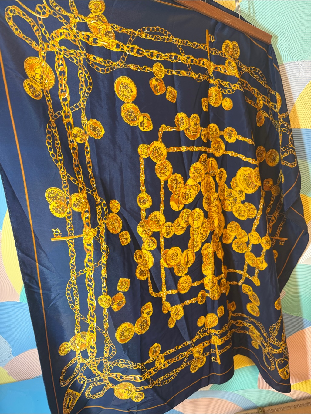 Franklin Mint Gold Blue Coins And Chains Scarf 100 Silk